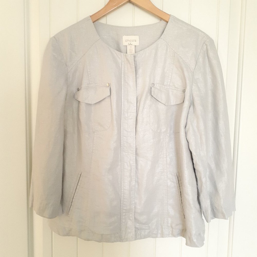 Chico's Foiled Linen Shine Jacket Collarless Full ZipSilver Size 1/Size M